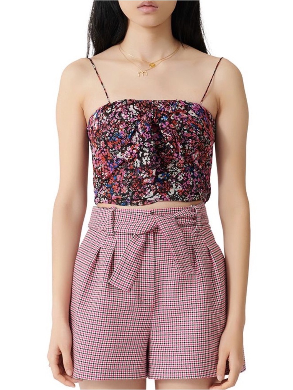 Maje Floral Silk Crop Top Black Pink (3)| Sleeveless Parisian Chic Summer
